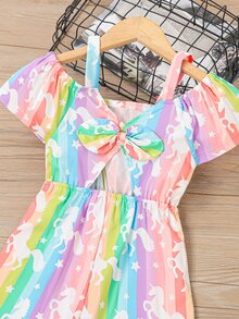 Niñas Mono con estampado de dibujos animados lazo - Multicolor - Ver 3