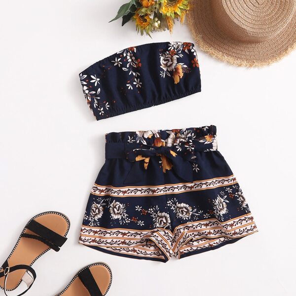 

Girls Floral Print Crop Tube Top & Paperbag Waist Belted Shorts Set, Multicolor