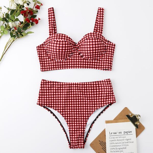 

Gingham Push Up High Waisted Bikini Swimsuit, Multicolor