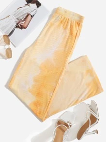 Elastic Waist Tie Dye Rib-knit Wide Leg Trousers - Orange - View 1