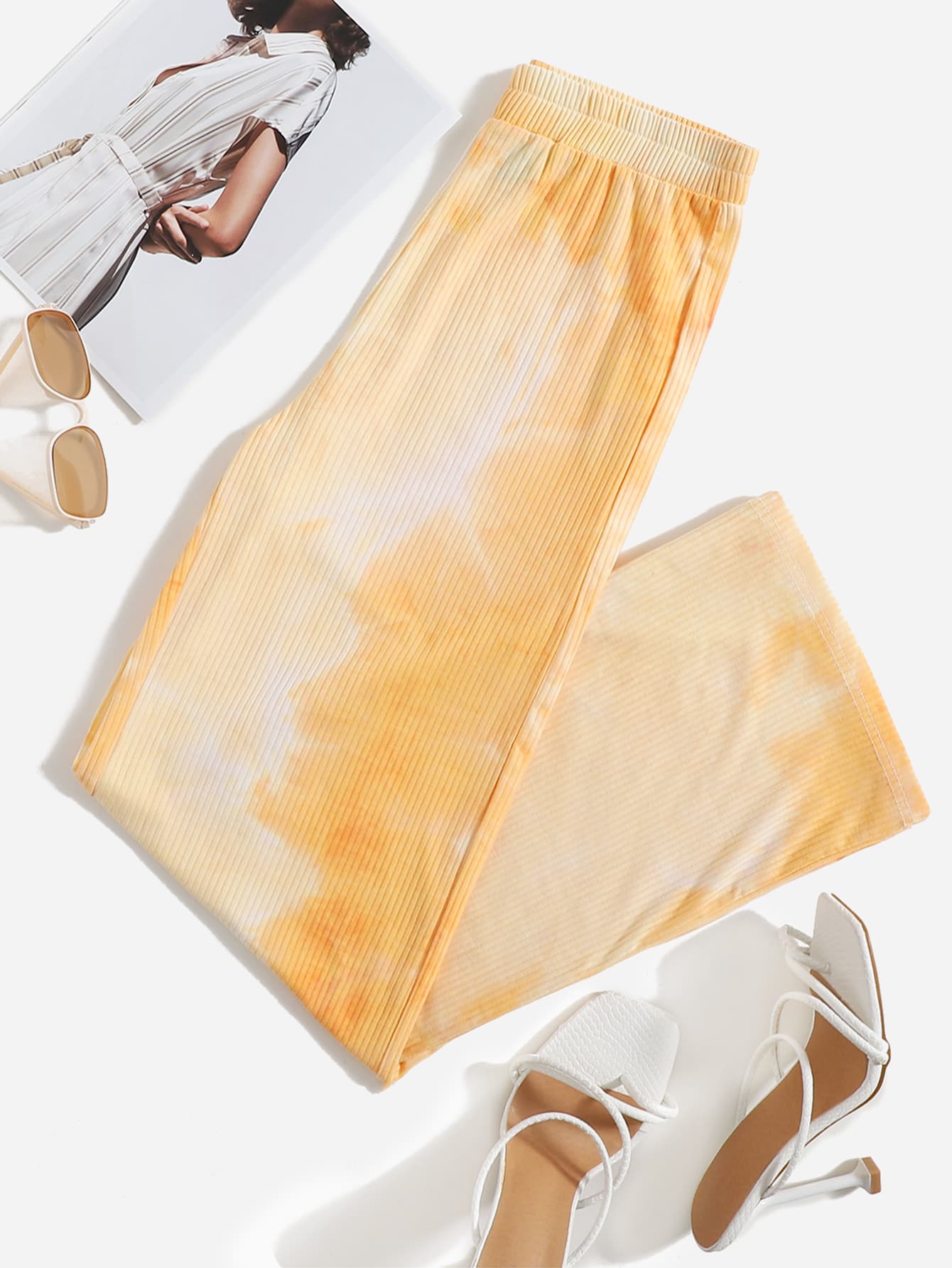 Elastic Waist Tie Dye Rib-knit Wide Leg Trousers - Orange - View 1