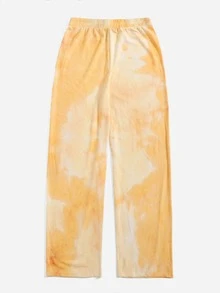 Elastic Waist Tie Dye Rib-knit Wide Leg Trousers - Orange - View 2