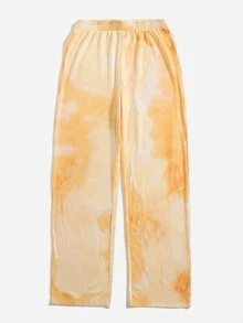 Elastic Waist Tie Dye Rib-knit Wide Leg Trousers - Orange - View 3