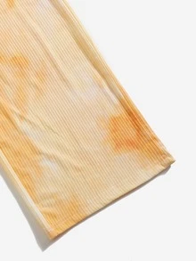 Elastic Waist Tie Dye Rib-knit Wide Leg Trousers - Orange - View 4