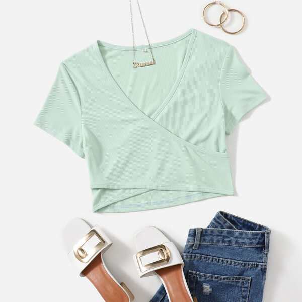 

Solid Ribbed Cross Crop Tee, Mint green
