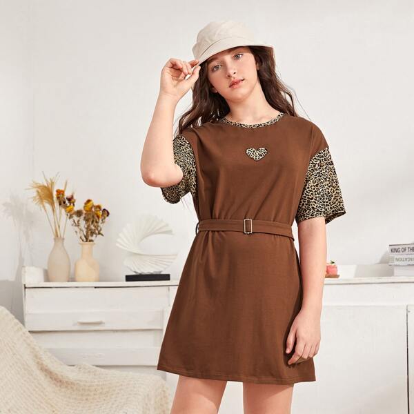 

Teen Girls Leopard Belted Tee Dress, Coffee brown