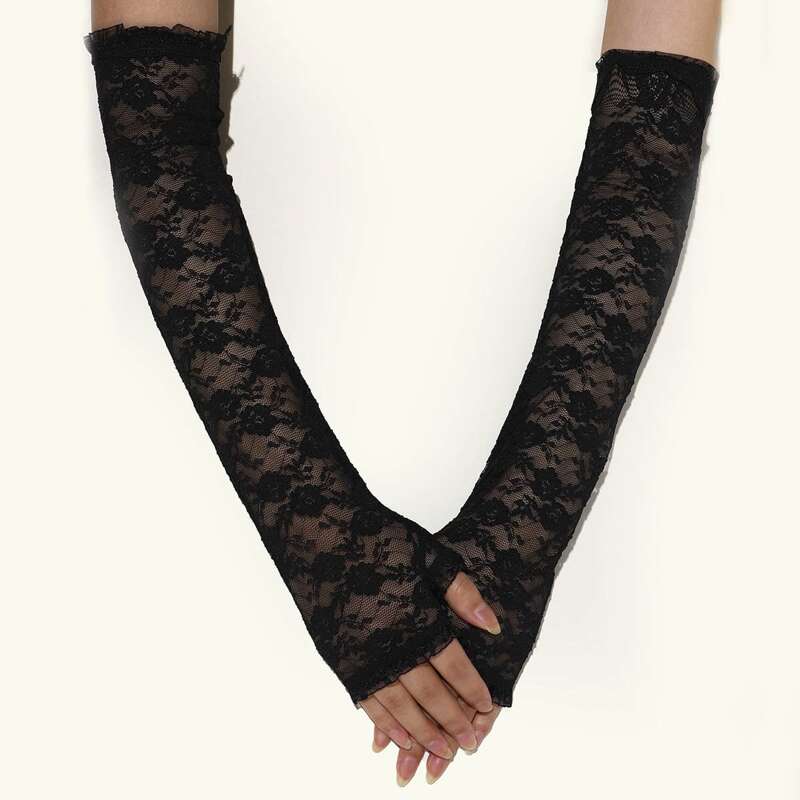 

Floral Lace Fingerless Long Gloves, Black