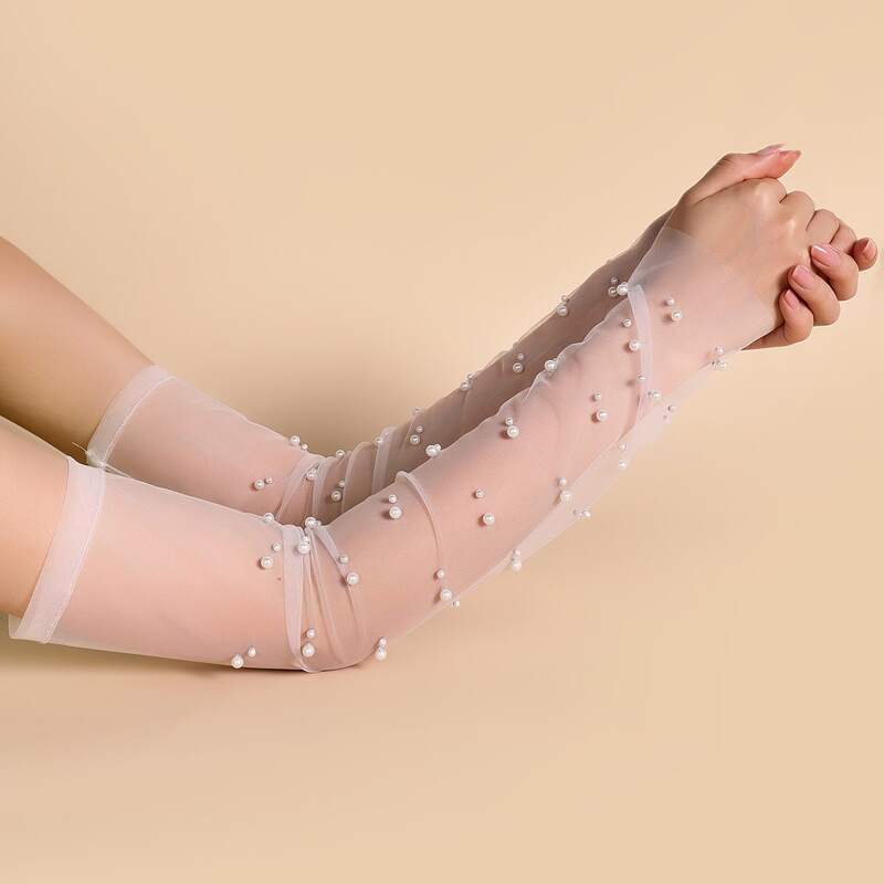 

Faux Pearl Fingerless Long Gloves, White