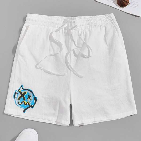 

Men Cartoon Graphic Drawstring Shorts, White