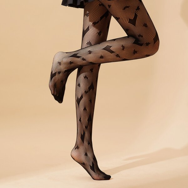 

Heart Pattern Fishnet Tights, Black