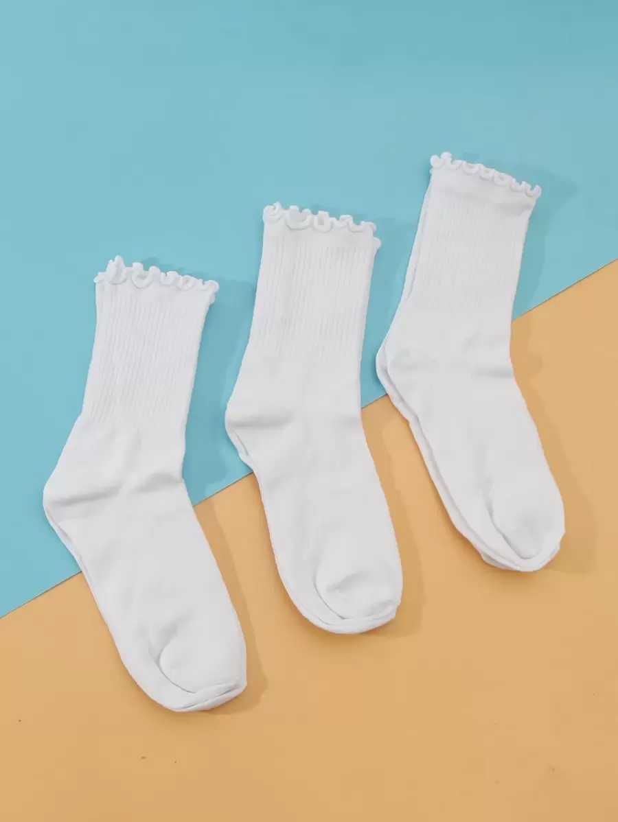 3pairs Frill Trim Crew Socks - White - View 1