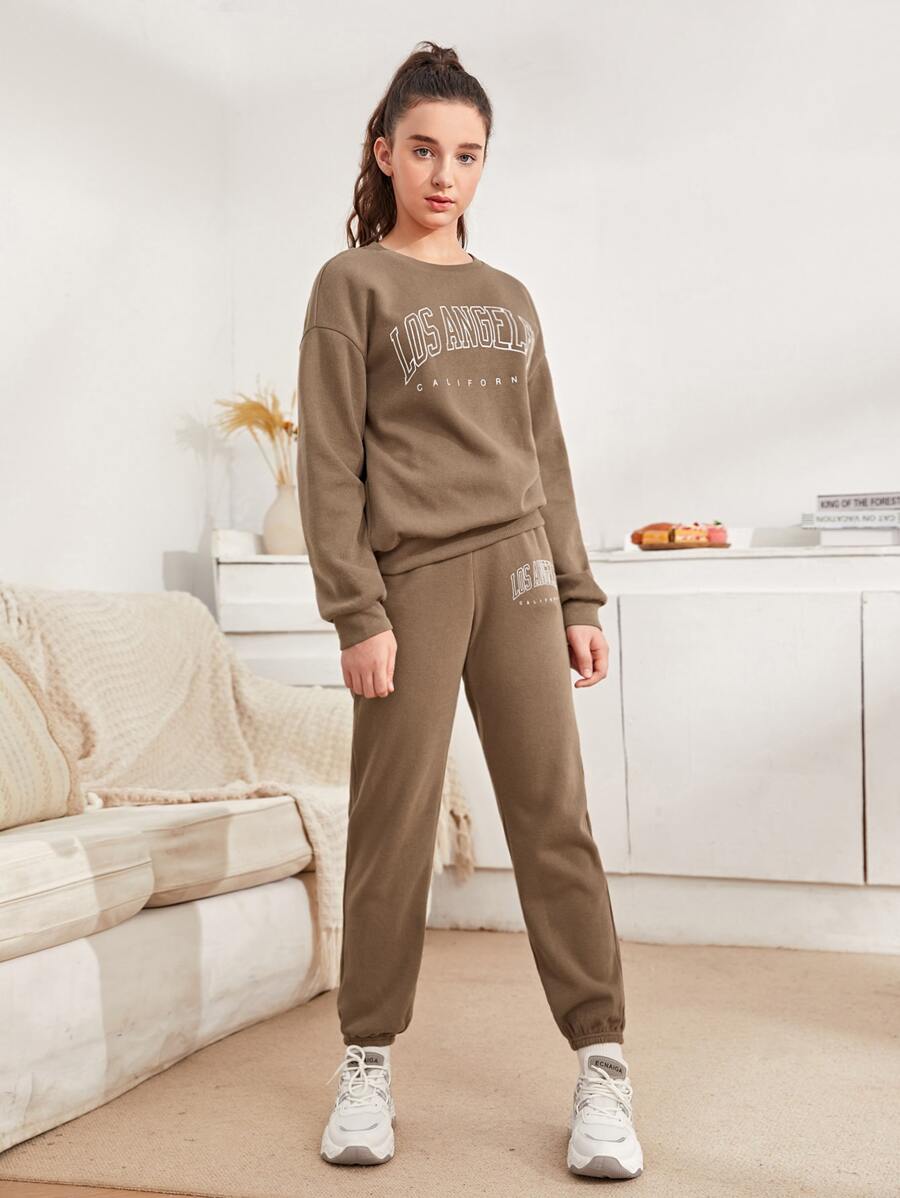 SHEIN 青少年女孩字母圖案套頭衫和衛褲套裝 - 摩卡棕 - 查看 1