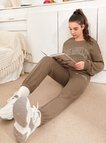 SHEIN 青少年女孩字母圖案套頭衫和衛褲套裝 - 摩卡棕 - 查看 3