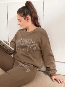 SHEIN 青少年女孩字母圖案套頭衫和衛褲套裝 - 摩卡棕 - 查看 4