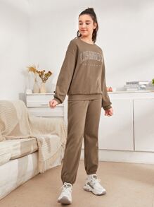 SHEIN 青少年女孩字母圖案套頭衫和衛褲套裝 - 摩卡棕 - 查看 5