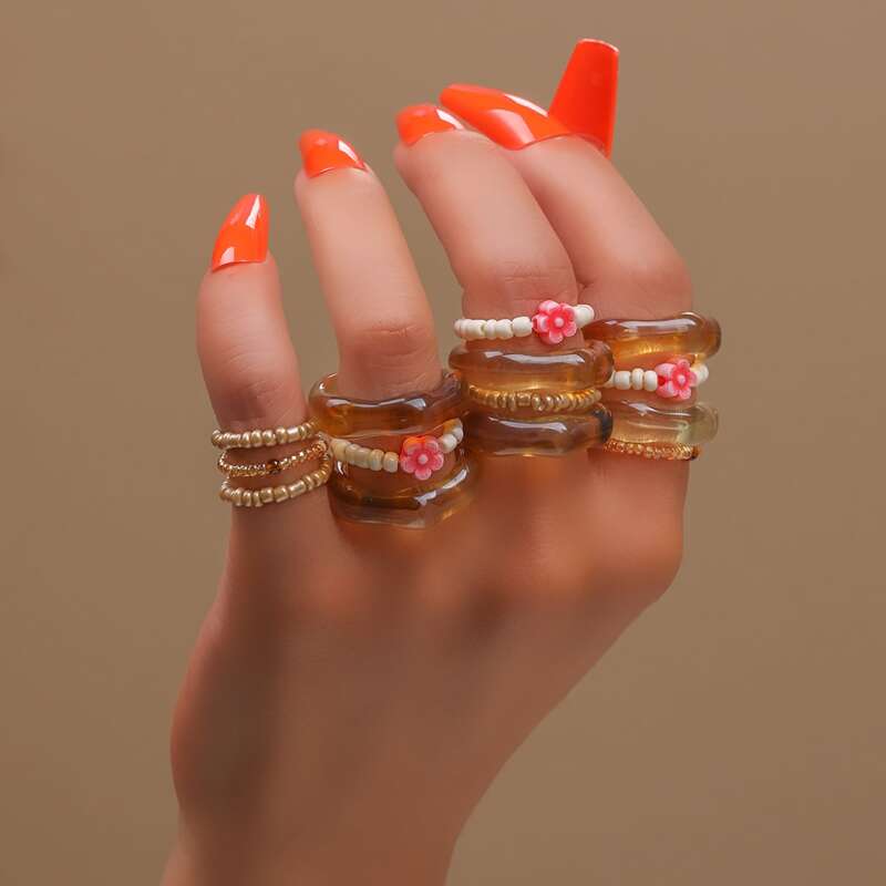 

14pcs Flower Beaded Ring, Multicolor