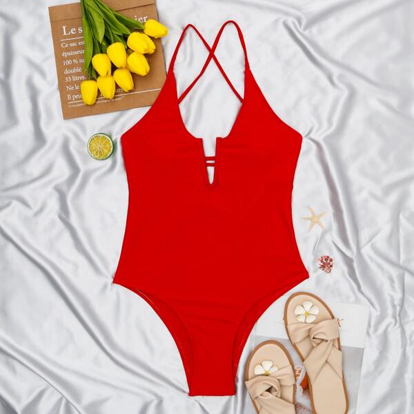 

V Wired One Piece Swimsuit, Red