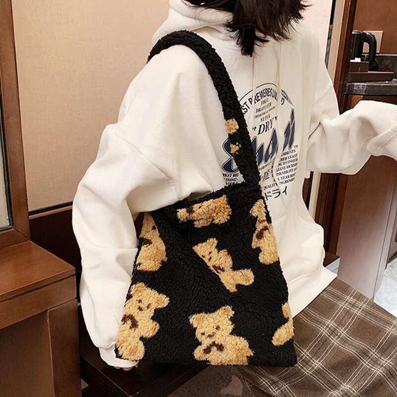 

Cartoon Bear Pattern Tote Bag, Black