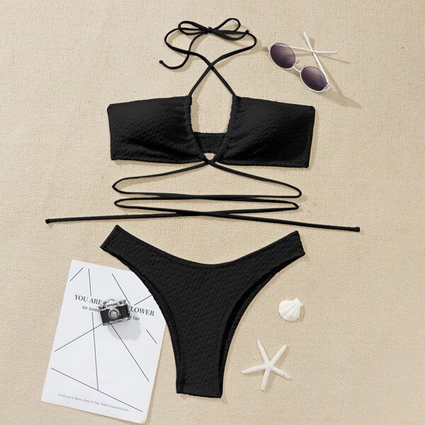 

Textured Criss Cross Halter Bikini Swimsuit, Black
