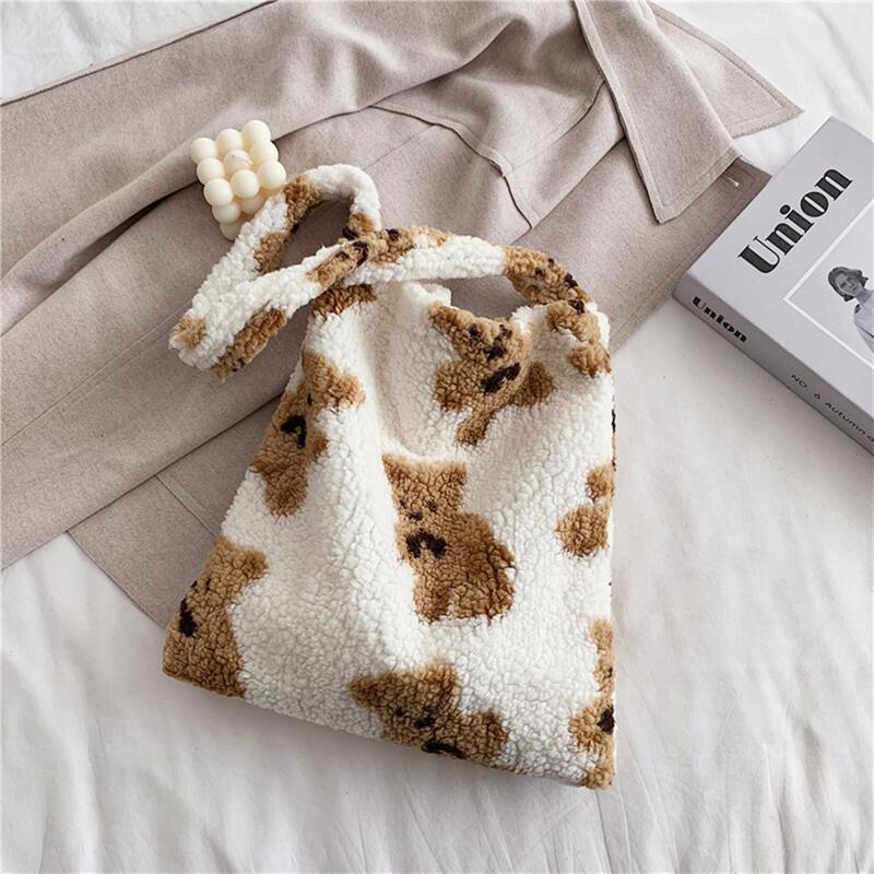 

Cartoon Bear Pattern Tote Bag, White