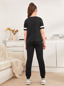 SHEIN Teen Girls Leopard Colourblock Top & Trousers Set - Black - View 2