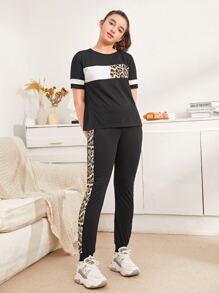 SHEIN Teen Girls Leopard Colourblock Top & Trousers Set - Black - View 3