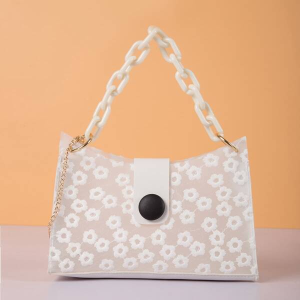 

Floral Embroidery Baguette Bag, White