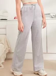 SHEIN Leap Crew Teen Girls Drawstring Waist Solid Joggers - Light Grey - View 1
