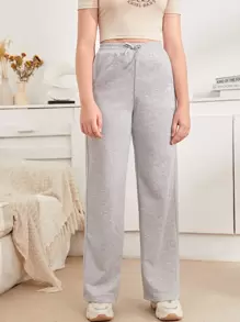 SHEIN Leap Crew Teen Girls Drawstring Waist Solid Joggers - Light Grey - View 3