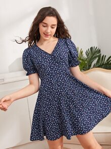 SHEIN 青少年女孩泡泡袖小碎花洋裝