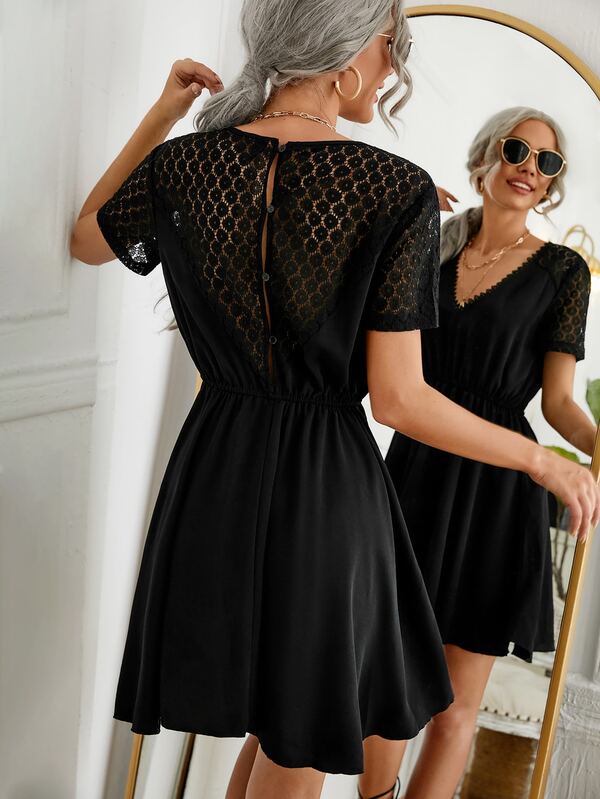 SHEIN Clasi Botão Laço Contraste Simples ocasional Vestido