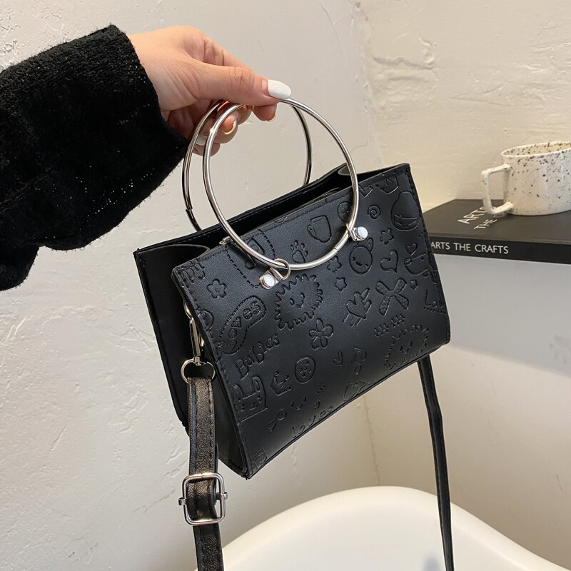 

Graphic Embossed Satchel Bag, Black