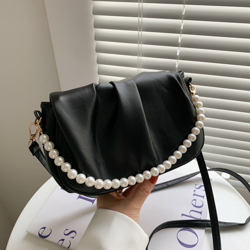 

Faux Pearl Handle Ruched Satchel Bag, Black