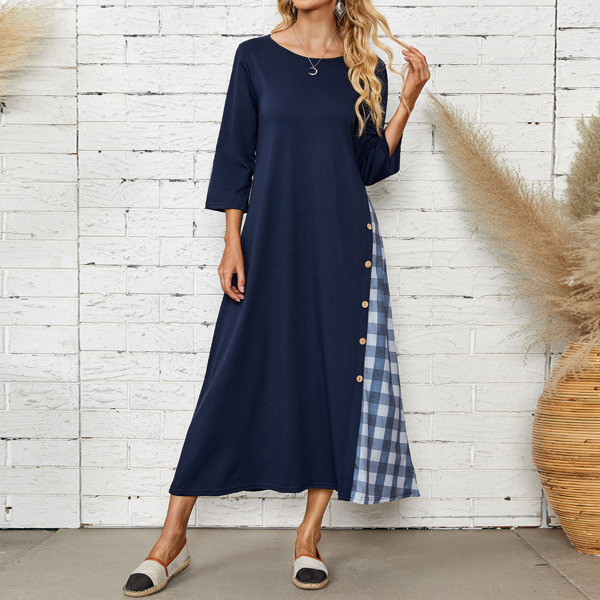

Gingham Panel Button Front Tunic Dress, Navy blue