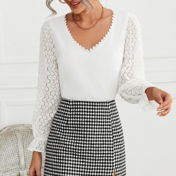 

Contrast Lace Sleeve V Neck Blouse, White