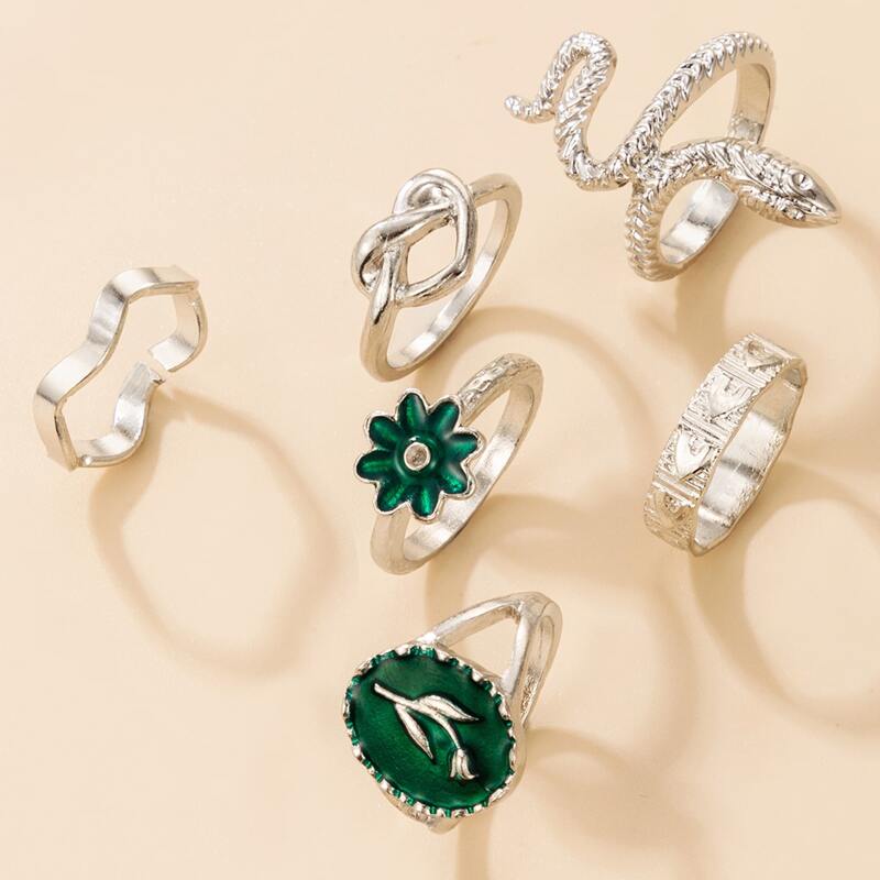 

6pcs Serpentine & Flower Design Ring, Silver