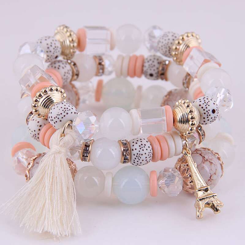 

3pcs Tassel Charm Beaded Bracelet, White
