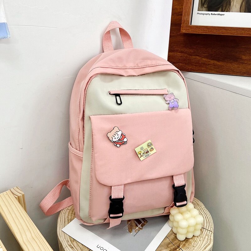 

Colorblock Backpack with Cartoon Badge, Pink