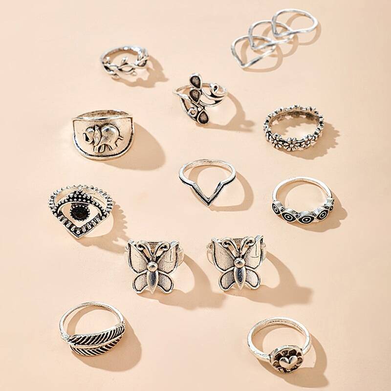 

14pcs Butterfly & Flower Ring, Silver