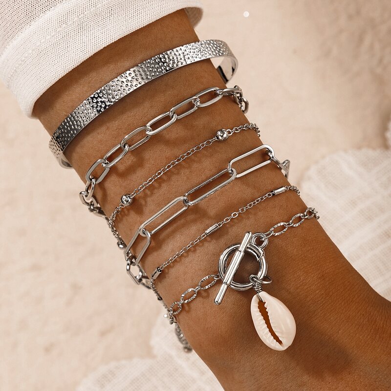 

6pcs Shell Decor Bracelet, Silver