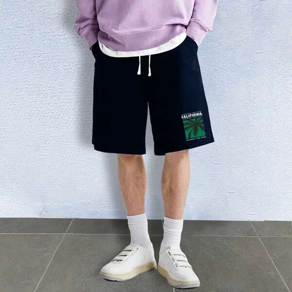 

Men Tropical Print Drawstring Waist Shorts, Navy blue