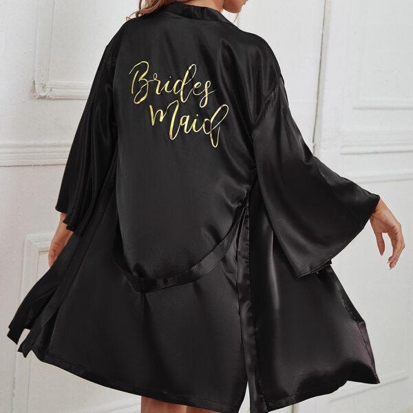 

Satin Letter Graphic Belted Night Robe, Black
