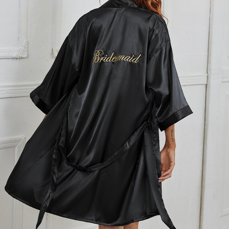 

Letter Graphic Self Belted Satin Night Robe, Black