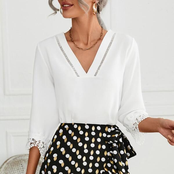 

Contrast Lace Cuff V-Neck Blouse, White