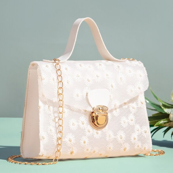 

Floral Embroidery Push Lock Satchel Bag, White