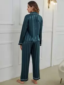 Contrast Piping Satin Pajama Set, Fall Winter Clothes - Teal Blue - View 2