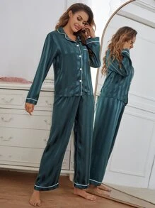 Contrast Piping Satin Pajama Set, Fall Winter Clothes - Teal Blue - View 3