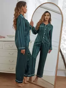 Contrast Piping Satin Pajama Set, Fall Winter Clothes - Teal Blue - View 4