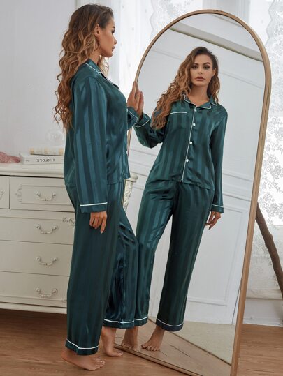 HautHeat 撞色滚边缎面睡衣套装，秋冬服装
