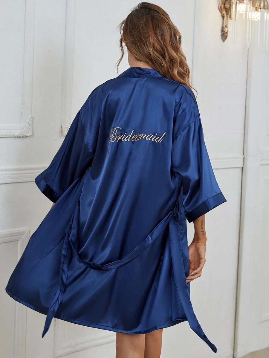 Letter Embroidered Belted Satin Bridesmaid Robe - Navy Blue - View 1